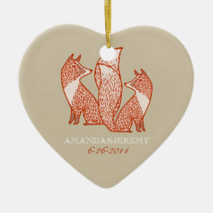 Rust Red and Ivory Foxes Anniversary Ceramic Tree Decoration