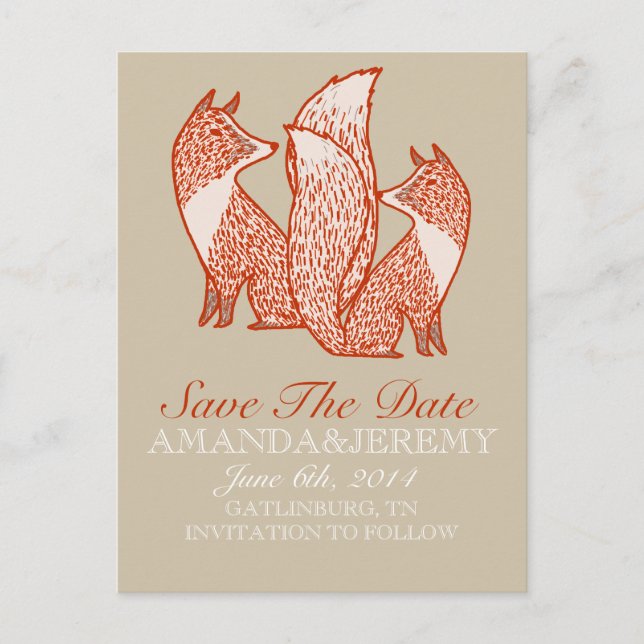 Rust Red and Ivory Foxes Save The Date Announcement Postcard (Front)