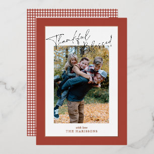 Rust red foil gingham Thanksgiving family photo  Holiday Card