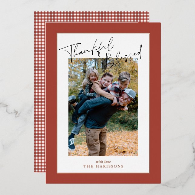 Rust red foil gingham Thanksgiving family photo  Holiday Card (Front/Back)