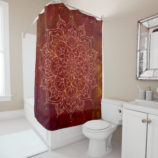 Rust Red Mandala Gold Glam Modern Chic Shower Curtain (In Situ)