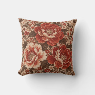 Rust Red Peony Ornate Cream Floral Cushion