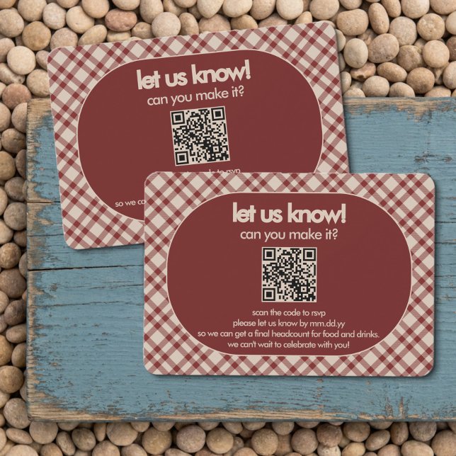 Rust Red Plaid QR Code Wedding RSVP Enclosure Card (QR Code RSVP from the Rustic Red Plaid Western Wedding Suite by Darling & May)