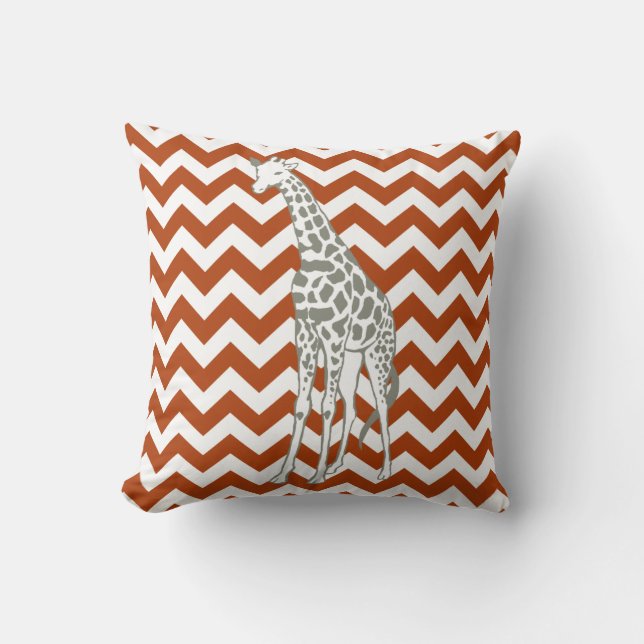 Rust Red Safari Chevron with Pop Art Giraffe Cushion (Front)