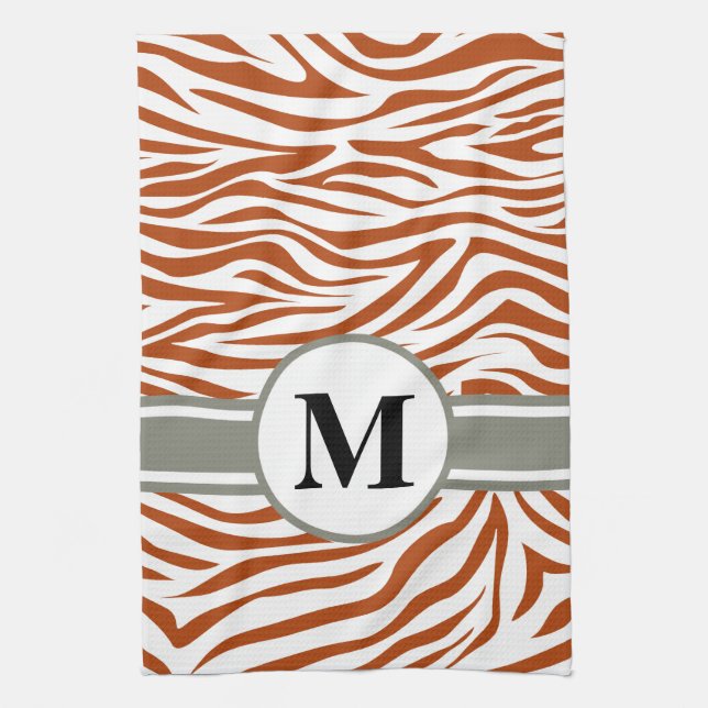 Rust Red Safari Zebra with monogram Tea Towel (Vertical)