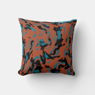 Rust Red Turquoise on Black Small Shapes Print Cushion