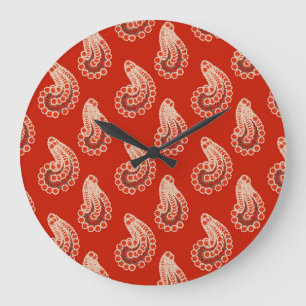 Rust red, white and grey paisley large clock