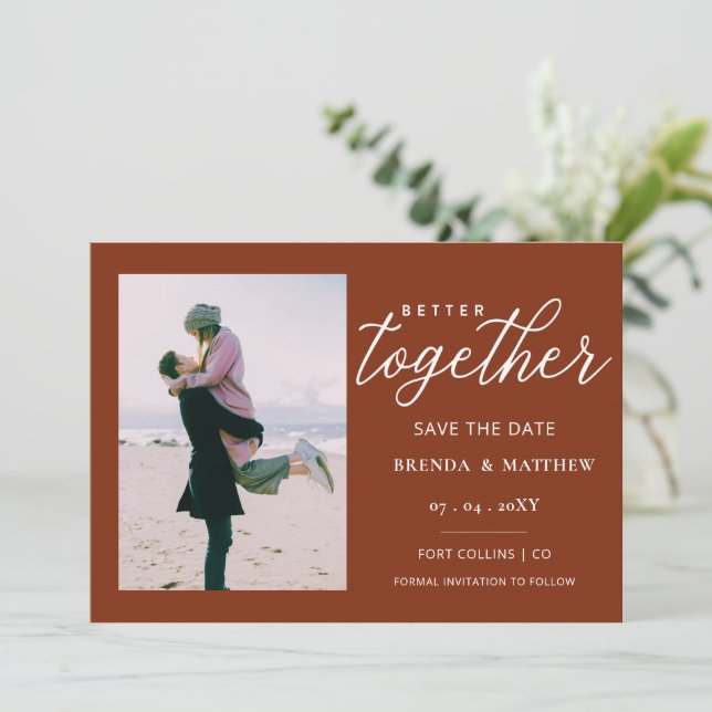 Rust Script Better Together Minimal Simple Photo Save The Date (Standing Front)