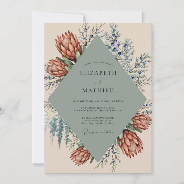 Rust Slate Protea Eucalyptus Wedding Invitation (Front)