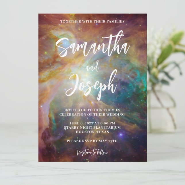 Rust Teal Orion Nebula Planetarium Wedding Invitation (Standing Front)