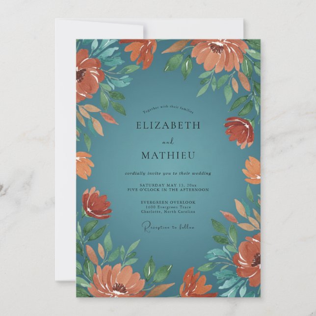 Rust Teal Wildflower Wedding Invitation (Front)
