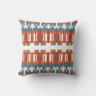 Rust Terracotta Blue Horizontal Symmetrical Design Cushion