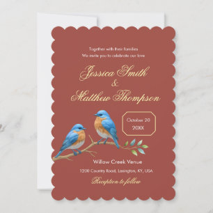 Rust Terracotta Bluebirds Golden Script Wedding Invitation