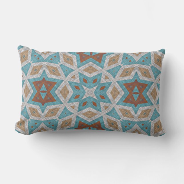 Rust Terracotta Brown Teal Blue Orient Tribal Art Lumbar Cushion (Front)