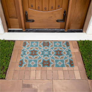 Rust Terracotta Brown Turquoise Blue Tribal Art Doormat