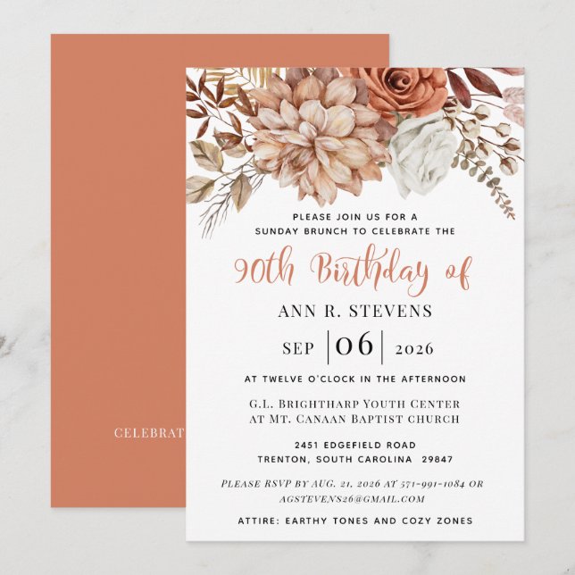 Rust Terracotta Fall Floral 90th Birthday Invitation (Front/Back)