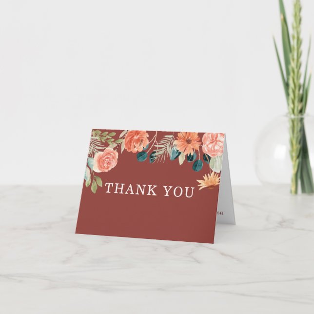 Rust Terracotta Fall Floral Autumn Wedding Thank You Card (Front)