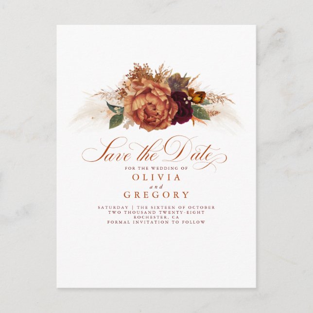 Rust Terracotta Floral Boho Fall Save The Date Announcement Postcard (Front)