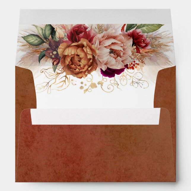 Rust Terracotta Floral Pampas Grass Fall Party Envelope (Back (Bottom))