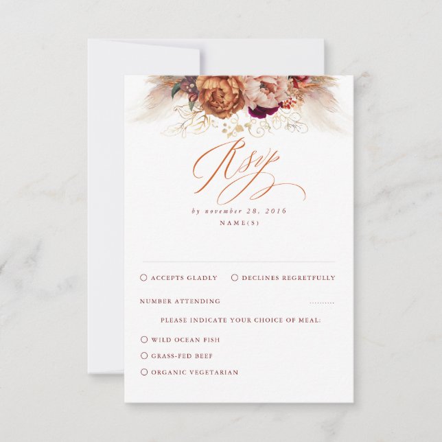 Rust Terracotta Floral Pampas Grass Wedding RSVP Card (Front)