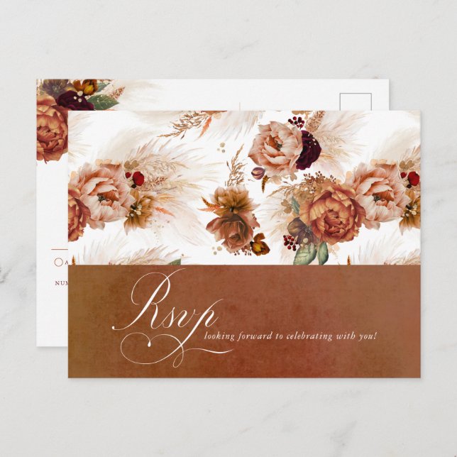 Rust Terracotta Floral Pampas Grass Wedding RSVP Postcard (Front/Back)