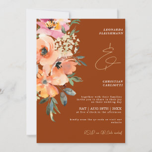 Rust Terracotta Floral QR Code Wedding  Invitation