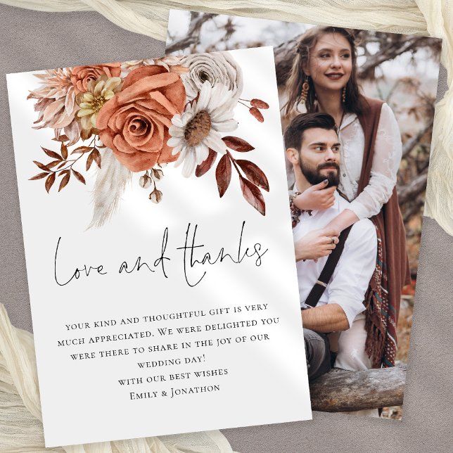 Rust Terracotta Florals Photo Love Thanks Wedding Card (Available digitally or printed)