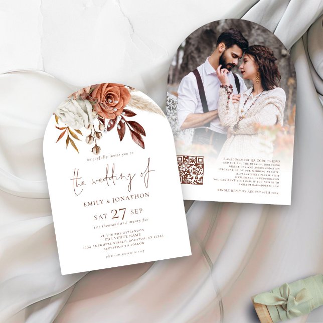 Rust Terracotta Florals Photo QR Code Wedding Arch Invitation (front and back view)