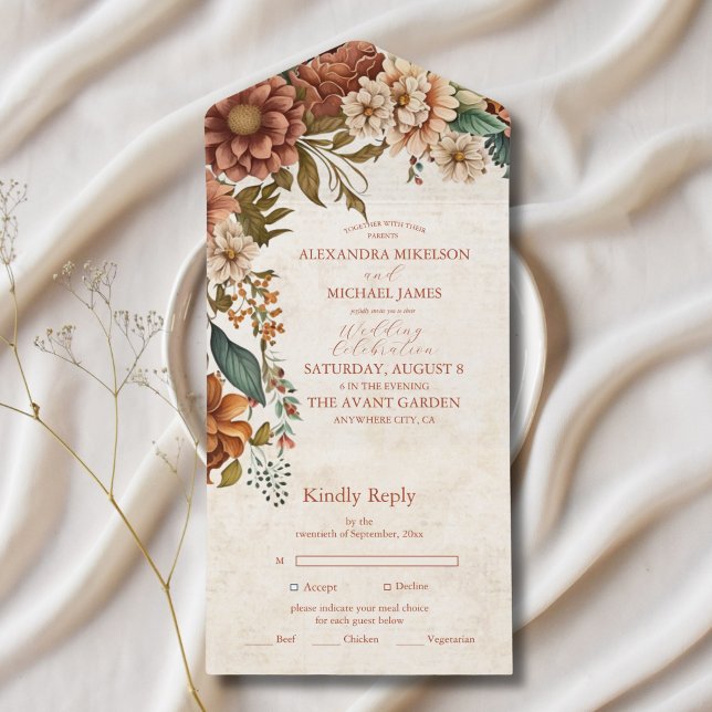 Rust Terracotta Flowers Burnt Orange Fall Wedding All In One Invitation (Creator Uploaded)