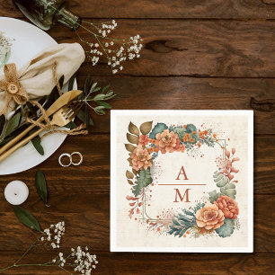 Rust Terracotta Flowers Burnt Orange Fall Wedding Napkin