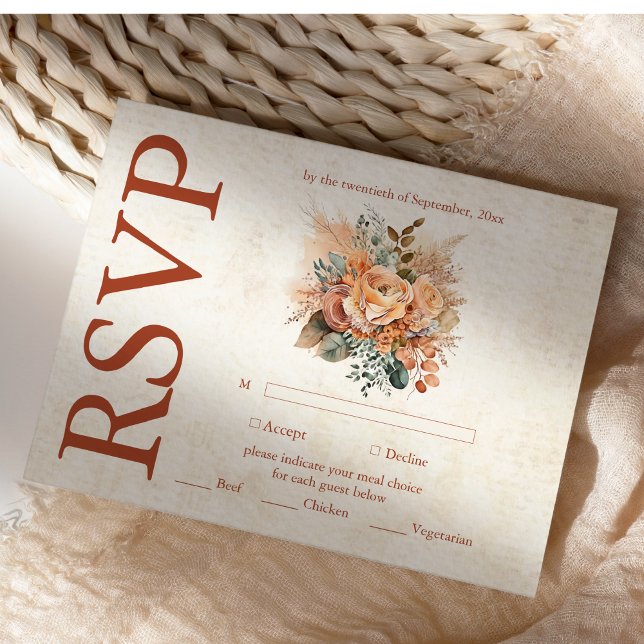 Rust Terracotta Flowers Burnt Orange Fall Wedding RSVP Card (Creator Uploaded)