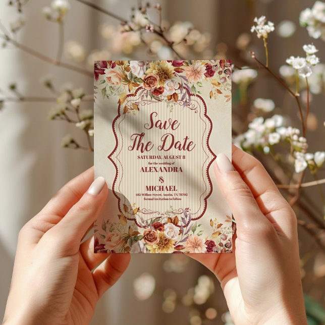 Rust Terracotta Flowers Burnt Orange Fall Wedding Save The Date (Creator Uploaded)