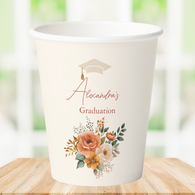 Rust Terracotta Flowers Burnt Orange Graduation Paper Cups (Creator Uploaded)