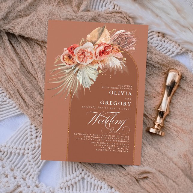Rust Terracotta Flowers Pampas Grass Boho Wedding Invitation (Creator Uploaded)
