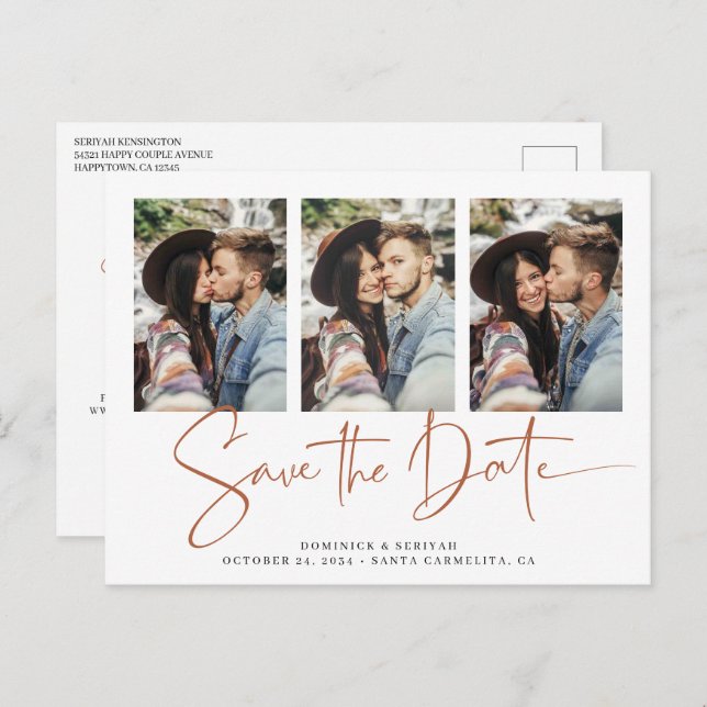 Rust Terracotta Handwritten Wedding Save the Date Postcard (Front/Back)