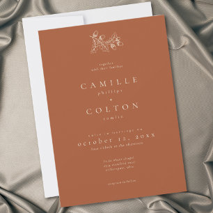 Rust Terracotta Minimalist Leaf Acorn Fall Wedding Invitation
