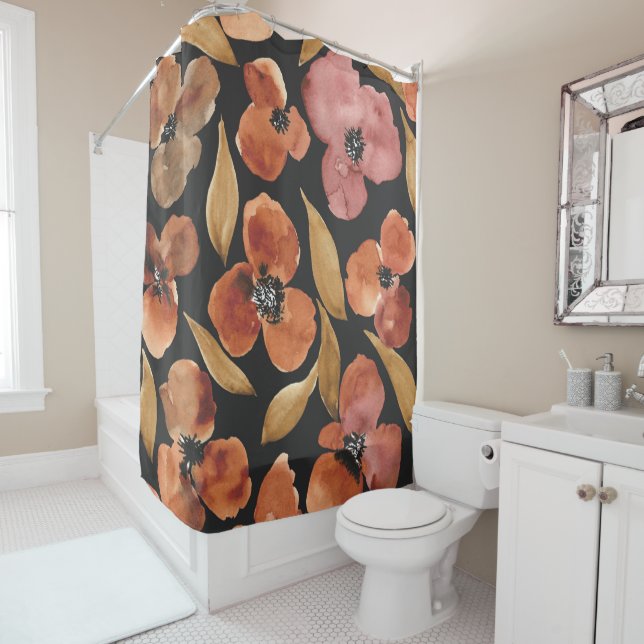 Rust Terracotta Watercolor Floral Black Shower Curtain (In Situ)
