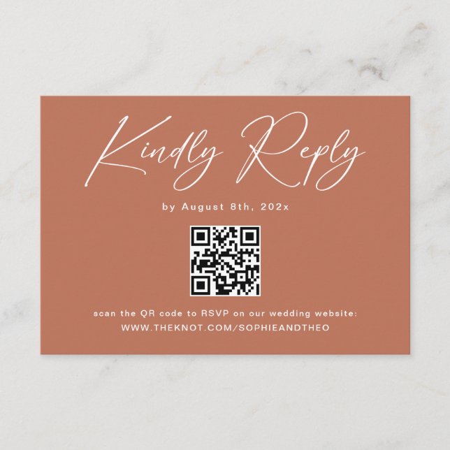 Rust Terracotta Wedding RSVP QR Code Enclosure Card (Front)