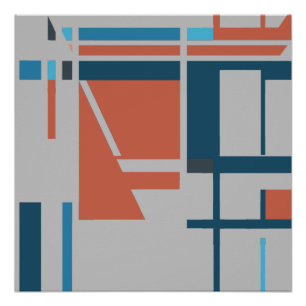 Rust Turquoise Blue MCM Look Squares on Grey Poster