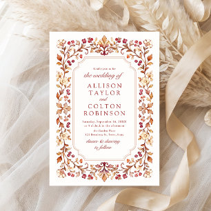 Rust Vintage Botanical Floral Frame Fall Wedding Invitation