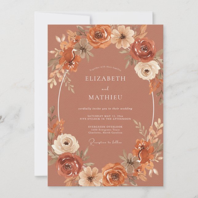 Rust Watercolor Wreath Wedding Invitation (Front)