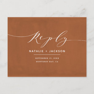 Rust + white elegant wedding reply postcard