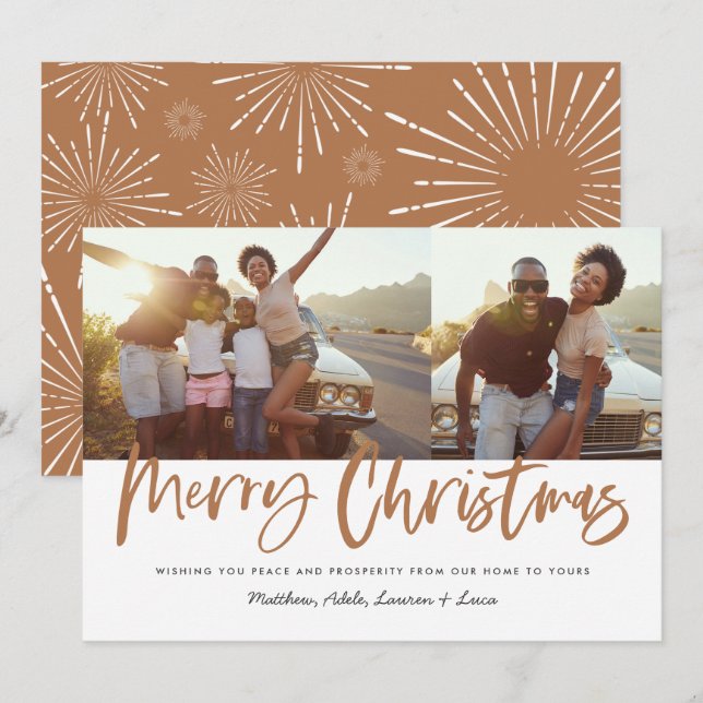 Rust white script Christmas 2 photo Holiday Card (Front/Back)