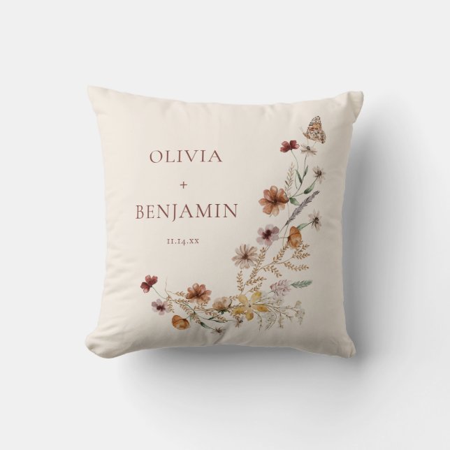 Rust Wildflower Boho Personalised Wedding Keepsake Cushion (Front)
