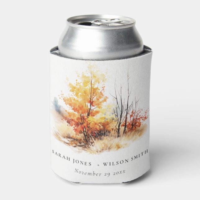 Rust Yellow Autumn Fall Landscape Plaid Wedding Can Cooler (Can Front)