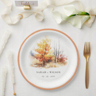Rust Yellow Autumn Fall Landscape Plaid Wedding Paper Plate
