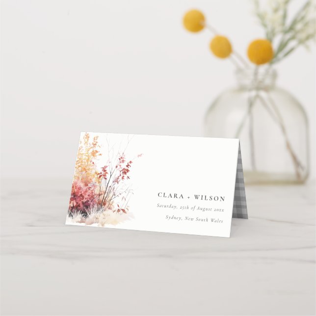 Rust Yellow Autumn Fall Landscape Plaid Wedding Place Card (Front)