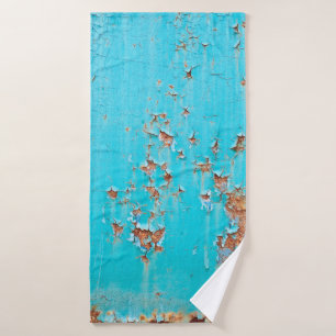 Rusted blue painted metal wall. Detailed photo tex Bath Towel