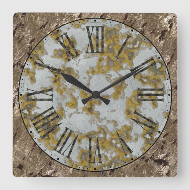 Rusted Face, Metallic BGND, Tin Roman Numerals Square Wall Clock (Front)
