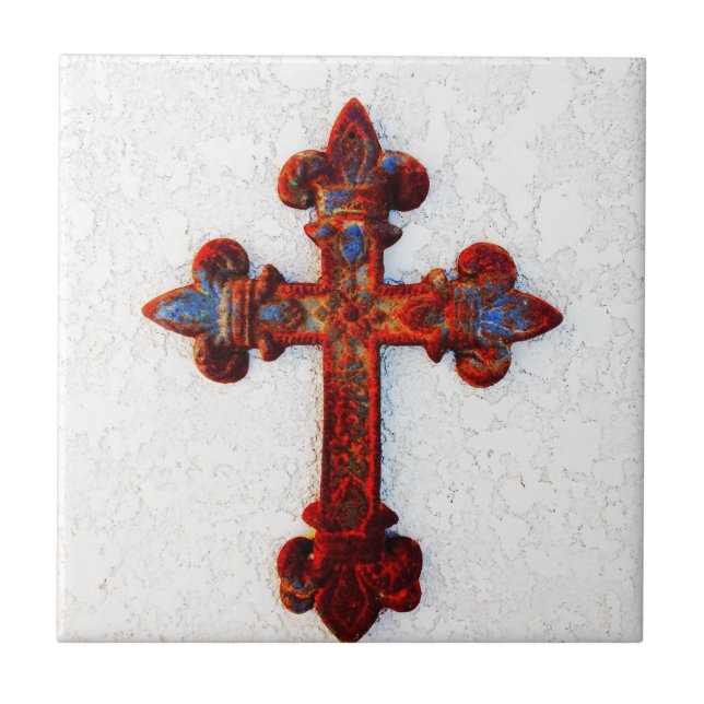 Rusted Iron Cross Christian Gifts Ceramic Tile (Front)
